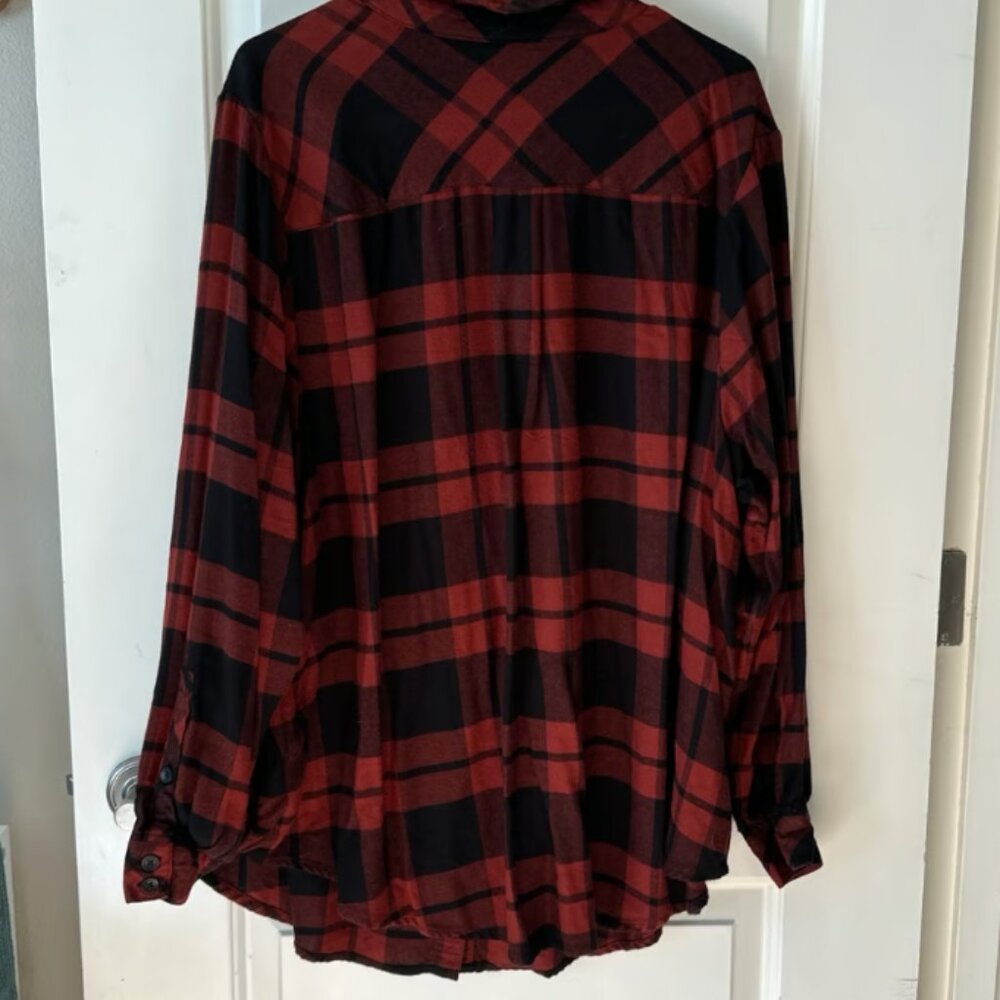 Torrid Red Black Buffalo Plaid Flannel Button Down Strappy Shoulder Cutout Top 3 - Picture 3 of 3